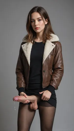 masterpiece, amazing quality, newest, absurdres, highres, highly-detailed, detailed face, glossy hair, down jacket, fur trim, skirt, pantyhose, simple background, futanari, mastrubation, erect penis, hard penis, sagging testicles, veiny cock, leaking precum, throbbing cock