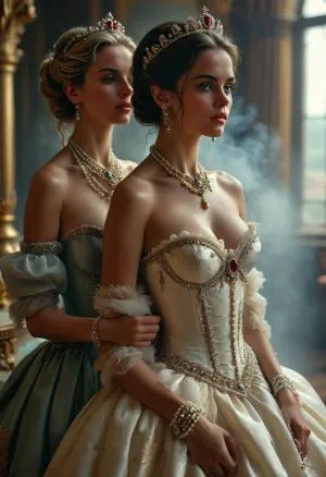 Create a highly detailed, realistic scene featuring the Queen of Saba being assisted by her maidservant as she cum. The scene should capture the opulence of the Queen’s attire, adorned with large natural pearls, precious gemstones like rubies and emeralds, and intricate gold details. The slutty maidservant should be depicted in traditional attire, helping the Queen with her orgasm. Emphasize the textures of the luxurious fabrics, the fine details of the jewelry, and the graceful interaction between the two women. The setting should be rich and regal, reflecting the grandeur of the Queen’s court, cloudy, smoke, atmospheric, clouds, fog, huge, breasts, massive, (maximum detail), (super realistic photo:1.4), <lora:MJ52:.6>, <lora:Super_Eye_Detailer_By_Stable_Yogi_SDPD0:.3>, <lora:BUT_SDXL_SHS:.3>, <lora:Sweaty_Realism_4-000006:.8>, <lora:Cloudy_Style:.8>