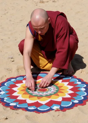 (masterpiece, best quality, high detail, photorealistic), A Tibetan artist draws a mandala on the sand, 60y.o. Tibetan man with a bald head wearing distinctive maroon and saffron/yellow robes, (using colourful crushed stone to create circular geometric designs:1.3), (featuring symmetrical patterns), outdoors, sunlight, detailed textures, high quality hands