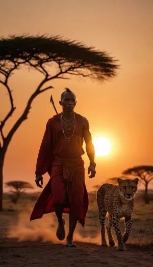 a kenyan maasai warrior at sunset in the Savannah, A cheetah runs alongside him, wide angle, Eye-catching, <lora:eye-catching_sunset:.8>, silhouette, sun, sunset, orange, <lora:Sunset:.8>