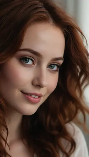 ziprealism, (sensual portrait, intimate artistic study, shot in profile, young woman, pale skin, subtle freckles), , (stylish vibrant auburn hair with dark roots, hair styled in textured layers, coppery highlights, voluminous hair, thick gorgeous hair, long delicate eyelashes:1.4), , (loving expression, adoring eye contact, soft bashful smile, dreamy esthetic, ethereal quality:1.8), , (large expressive eyes, stunning eyes, limbal rings, soft facial features, full lips, soft pink lips:1.2), , (cinematic lighting, color grading, dappled light, shadowplay, short focal length, layered composition:1.4), , Stable-Yogis-Makeup-Enhancer-XL