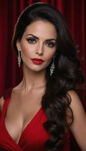 Explicit, Fetish, Ultra-realistic headshot of a glamorous 45-year-old Arab woman, exuding confidence and elegance. She has long, voluminous dark brown hair styled in soft, glamorous waves, cascading over her shoulders. Her makeup is flawless, featuring bold red lipstick, defined smoky eyes, perfectly shaped eyebrows, and long eyelashes.