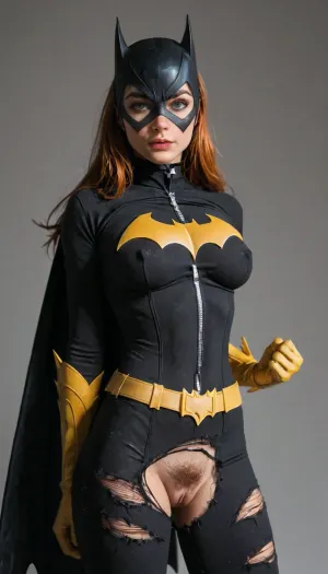 (Batgirl:1.5), (DC comics), (large firm breasts), (fake tits), (perky tits), shaved pussy, pubic hair, (torn suit:1.2)