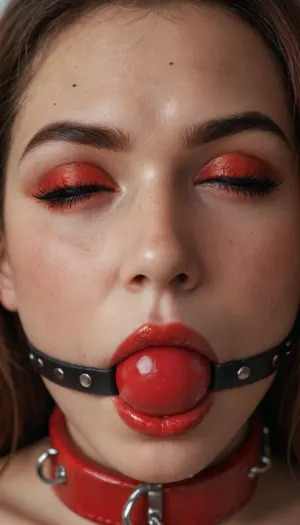 Model facing camera, close portrait, ((30 years old, italian girl, closed eyes, natural skin, skin pores)), ((slut makeup, eyeliner line, long thick eyeleash, black and red eyeshadow, dark red glossy lipstick, fard)), ((thick slave collar)), ballgag, <lora:add-detail-xl:1.3>, <lora:detailed_notrigger:1.2>, <lora:sdxl_ballgags:1.3>, harnessgag, <lora:harnessgag_xl-000003:.8>