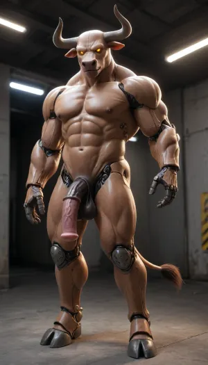 muscular male android, transparent robotic parts with glowing lights, mechanical body parts, guns in hand, fixed stare straight ahead, full body view. 1solo furry cyborgbull, solo, full body view, front view, full figured big anthro robot bull exposes its self, huge knotty cock, big ass, wide open asshole, hard erection, full exposed, hooves, horse phallus, horse penis, equine cock. Bovine android. Horns. Bulky. Flared cock. Bulky. Cow tail. Minotaur android. Cyborg Minotaur. Robot penis. Metal skin. Chrome plated. Exposed wires. Metal horns. Robot with a bull head. Mechanical body. Robot body, transparent skull with visible brain. Cute cow face. Bovine head shape. Hooves. Metal body parts. Robot arms. Cybernetic implants. Glowing light in chest. Metal skin. Chrome skin. Robotic legs. Metal hooves. Sci-fi. Metal face. Glowing robot eyes. Mostly robotic. 25% flesh.