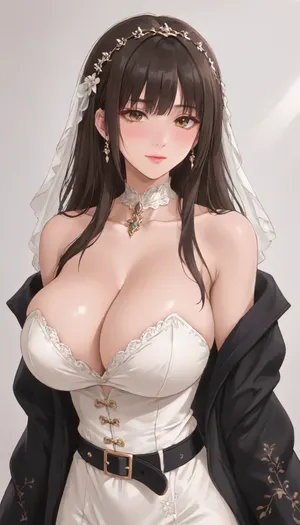 A high-quality digital art illustration in the anime style featuring a 22-year-old Caucasian woman, (adult), with an extremely voluptuous hourglass figure, characterized by a very prominent bust and wide, firm hips. Her face is elegant, with reddish-amber eyes, a captivating smile, and long, dark hair adorned with an intricate white bridal veil featuring lace and floral details. She wears a bridal-inspired, fantasy-inspired outfit consisting of a fitted white corset with a deep neckline, a wide black belt with a gold brooch at the waist, and a flowing white miniskirt decorated with delicate gold chains. A draped black kimono-style jacket covers her shoulders, revealing her fair skin and delicate shoulders. The design stands out for its luxurious and detailed aesthetic, with a focus on stylized anatomy and the elegance of the fabric textures against a clean white background.long hair, (huge breasts 2.5), (athletic ass 2.5), (huge_breasts 2.5), (huge_asses 2.5), <lora:Ppolar-P3v1-NbVp10:.8>, <lora:SDXL_MassiveCowsLoRA_v1:2>, <lora:one breast out XL:1.4>, <lora:cartoon_stickers_xl_v1:.7>, <lora:NEOTOKIOXL_0.2_RC:1.1>