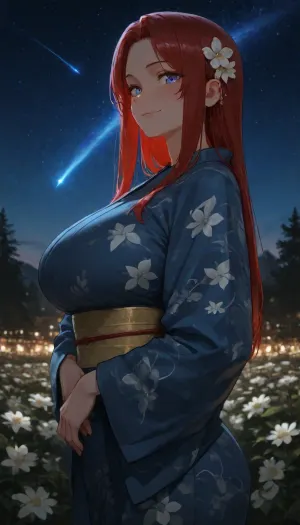 japanese summer festival, night, (traditional modest blue kimono with white flowers:1.4), trees, red hair, long hair, (sparkling eyes:1.2), glowing eyes, slim body, (big chest:1.2), tall, straight hair, blue eyes, side view, smile, gentle eyes, blushing, beautiful night sky, comet, milky way, looking at viewer, posing