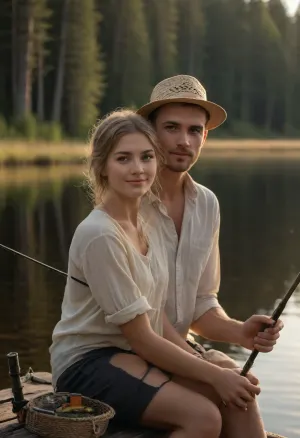 Photorealistic Scandinavian summer evening vacation scene, extreme focus on an attractive young, (adult couple:1.6), at the center, sharp facial detail and perfect anatomy, (The man 33 years old sits relaxed:1.3), at the edge of a mirror-smooth lake near a forest shoreline, fishing calmly. His face is clearly visible, perfectly rendered, natural skin texture, subtle beard stubble, relaxed jaw, soft satisfied smile, eyes calm and focused. He wears rolled-up short denim jeans, an open lightweight shirt revealing sun-tanned skin, and a straw hat casting gentle shadows across his face. His hands are perfectly formed, realistic proportions, holding, (a highly detailed fishing rod:1.4), with visible nylon line, precise reel drum, metallic reflections, fine mechanical detail, close him stands, (his partner 28 years old:1.4), her face also sharp and expressive, peaceful smile, relaxed eyes, affectionate gaze as she sucks his perfect cock. She gently massages his boner with both hands, fingers anatomically perfect, natural pressure and touch. She wears a simple bikini with a silky scarf wrapped around her hips, fabric flowing softly in the warm air. Golden summer sunlight illuminates their faces, creating natural highlights and soft shadows. The lake is completely still, reflecting sky and forest, thin mist rising from the water. Scandinavian pine and birch forest frames the scene, lush greenery, moss, grasses, natural textures. Low depth of field keeps the couple perfectly sharp while the background softly blurs. Ultra-high resolution, photorealism, cinematic composition, natural color grading, romantic, peaceful, deeply intimate atmosphere, no modern distractions, no artificial elements.