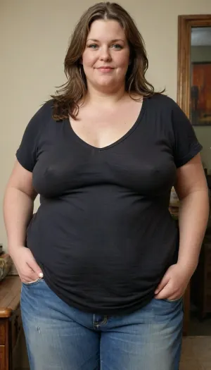 (masterpiece, best quality:1.2), very plus-size gilf, (((ssbbw))), ((sagging bosom)), (mature:1.5), 60yo milf, solo, blue jeans, (long black v-neck t-shirt, no bra, braless:1.2), pretty eyes, thick brown hair with highlights, bright green eyes, grey in hair, smiling, photorealism, perfect face, portrait, braless, Wearing, clothes, that, make, sense, with, fat bbw, body wrinkles, plump waist, shapeless, saggy, (old breasts, hanging deep, heavy boobs, saggy old boobs, teardrop shaped breasts, covered erect nipples), highwaist blue jeans, Braless>, medium breasts, megachubsdxl, morbidly, obese, <lora:bralessSDXL_v1_00022:.7>, <lora:megachubsdxl_13:.3>, <lora:MJ52:.8>