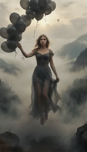 A close-up portrait and dreamy, highly detailed image of a 22-year-old, slim woman with perfect hands and fingers, floating high in the sky. She is suspended by numerous small, gas-filled balloons, each tied with delicate ribbons. She floats above a majestic, misty mountain landscape, such as the Alps, with her serene face as the focal point. Her long, blonde hair is blown gracefully by the wind, and she wears a flowing summer dress that billows dramatically, revealing her slender legs. The majestic mountains below her are shrouded in rising mist, adding a mystical atmosphere and making her the clear focal point. The balloons and gentle wind enhance the whimsical, magical feel of the scene., photorealistic setting, and full of joy, the atmosphere is adventurous, tension, and teasing intimacy, Black, and, white, art, black, shading, charcoal, toned, brutal, dark, b/w, color, scheme, haze, misty, lagoon, mist, dusk, cloudy, smoke, atmospheric, clouds, fog, <lora:Black and white art.V1:.5>, <lora:EnvyHazeSliderXL01:2>, <lora:BIXL_Beautiful_Nature_Twilight_001:1.1>, <lora:Cloudy_Style:.8>, <lora:Aether_Ghost_v1.1_LoRA:2>