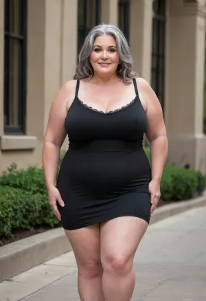 (masterpiece, best quality:1.2), very plus-size 1 gilf, (((ssbbw))), ((sagging bosom)), (Obese:1), (mature:1.5), 60yo milf, solo, (black spaghetti strap minidress, no bra, braless:1.4), pretty eyes, thick brown hair, bright blue eyes, grey in hair, in summer, golden hour, Chicago landscape, standing, smiling, photorealism, perfect face, portrait, clothes, fat bbw, body wrinkles, sagging belly, shapeless, saggy, (old big breasts, shapeless, drooping, hanging deep, heavy boobs, saggy old boobs, teardrop shaped breasts, covered erect nipples), medium breasts