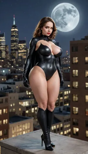 Emma Myers, "This is a digital illustration in comic style, modern digital comic art, ‘HQ’ cartoon, 'A full-body digital illustration of bat-Woman. She stands on a rooftop in the city at night, in a dynamic and confident superhero pose, perfect hourglass figure, sexy curvy body, with one leg perfectly angled and arms crossed, heavy large breasts. She wears her classic black. The background is a blurred skyline with city lights and a full moon. Comic art style, spectacular lighting, vibrant colors, high-resolution art." emmamyers101, Translated with DeepL.com, (free version), huge, breasts, massive, <lora:Emma_Myers_SDXL_101:1.8>, <lora:SDXL_MassiveCowsLoRA_v1:.8>