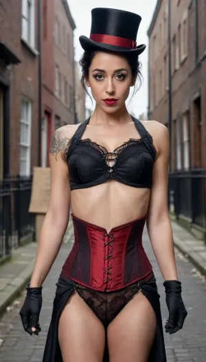 39 year old Oona Chaplin, (Olive Skin), freakles face and chest, English-Spanish Citizenship, her jet black hair in a ponytail, her jet black eyes brows, dark eyeliner, bright red lipstick, 34C chest, muscular body, six pack, cameltoe pussy, with a Lady's Victorian Top Hat with vail behind it, wearing Steampunk Victorian costume, Victorian Corset under her breasts, the dress opened at the front showing her triangle bushy pubic haired cameltoe pussy, standing on the abandoned streets of Victorian London.