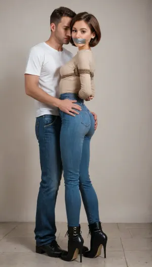 (1 woman + 1 man), helen parr is, (tied in bondage:1.3), (walking:1.2), and she have her, (hands tied in her back:1.4), she get her, (ass groped by a man:1.3), standing in her back, (ass grab:1.4), small breasts, petite, (extremely big round buttocks:1.3), (high waist tight jeans:1.3), (high heels leather high boots:1.3), (slim waist), beautiful face, tan skin, tan long sleeve shirt, full body, side view, rope, black, tape, gag, bondage, braless, Wearing, clothes, that, make, sense, with, Braless>, 4ss_p4nts, shiny, pants, Chern4byl, enviroment, <lora:bdsm_SDXL_1_:2>, <lora:bralessSDXL_v1_00022:1>, <lora:Ass_Pants_XL:1.7>, <lora:ahxl_v1:2>, <lora:PostApocalyptic_Chernobyl_v3:1.9>