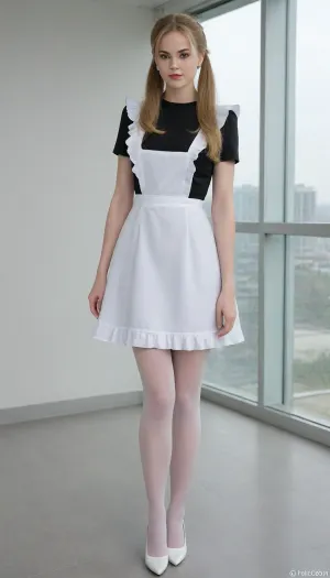 beautiful blonde 18 years old with ponytails woman, Nicole Kidman face, lewd posing, beautiful face, earrings, detailed face, detailed hands, white bows, black dress, white apron, soviet, white lingerie, white shoes, high heels, background glass walls, suxl, M3L0DYM4RK5, panntyhose, black, pantyhose, white, LIFT, UP, DRESS, CURTSEY, FROM, BELOW, BACK, <lora:suxl:1.9>, <lora:M3L0DYM4RK5 [vvugot1905cc735fbp19f1]:1.8>, <lora:pantyhose_xl_v1:1.7>, <lora:Lift Up Dress:1.8>
