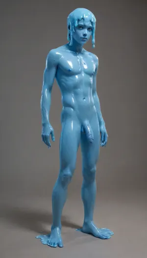 Slime man. Semi-transparent, translucent, blue skin. Translucent body. Male. Penis. Full body, <lora:SlimeGirl:2>