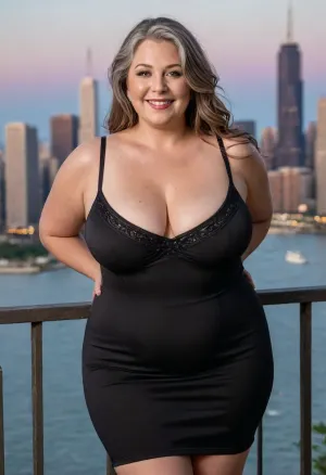 From behind, (masterpiece, best quality:1.2), very plus-size 1 gilf, (((ssbbw))), ((sagging bosom)), (Obese:1), (mature:1.5), 60yo milf, solo, (black spaghetti strap minidress, no bra, braless:1.4), pretty eyes, thick brown hair, bright blue eyes, grey in hair, in summer, golden hour, Chicago landscape, standing, smiling, photorealism, perfect face, portrait, clothes, fat bbw, body wrinkles, sagging belly, shapeless, saggy, (old big breasts, shapeless, drooping, hanging deep, heavy boobs, saggy old boobs, teardrop shaped breasts, covered erect nipples), medium breasts