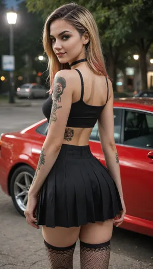 rear view, car park, looking back at the viewer, (30 year old goth, slim toned body, narrow waist, wide hips, (dyed-blonde long straightened hair), brown eyes, eye shadow, choker, smirking, (tattoos), fishnet stockings, black top, pleated black miniskirt), slutty pose, ultra-realistic, color photograph, ultra-detailed, professional photography, (dramatic lighting:1.5)