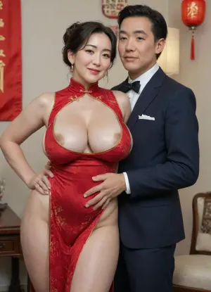 (masterpiece, best quality), (30 year old Asian mature woman:1.8), Anatomically accurate, (((mature:2))), (bbw), ((labia and pubic hair slide out:1.2)), chubby belly, ((areola slip)), (covered nipple:1.2), Chinese bridal updo, detailed face， big breasts, ((saggy breast：1.4)), (dark areolar:1.4), (pale skin:1.8), ，realistic face，laughing mouth open, side view, hands on hip, (taking photo with her husband), (Chinese wedding, indoor dinner party:1.2), Asian，, (A gorgeous red Chinese cheongsam, red Chinese cheongsam, embroidery, cleavage, high-slit dress, Ornate Chinese hairpins, no underwear), (Low neckline reaching the navel), ((wearing decorated loincloth:1.2)), (dark pussy:1), (from side:1.2), 1man 1woman looking at viewer, hug，, (taking photo with a tall man, A man hugs a woman), ((young Asian man in suit fully dressed:1.2))