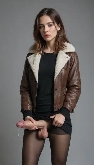 masterpiece, amazing quality, newest, absurdres, highres, highly-detailed, detailed face, glossy hair, down jacket, fur trim, skirt, pantyhose, simple background, futanari, mastrubation, erect penis, hard penis, sagging testicles, veiny cock, leaking precum, throbbing cock