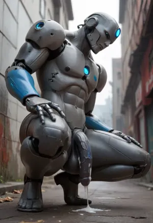 a male robot, robot, not human, dark plastic skin, with a big dark penis, curved down, flaccid, dripping blue luminous cum, squatting, legs wide open, side view, seen from below, full body image. robot is huge, imposing, strong, industrial strength, 10feet tall.