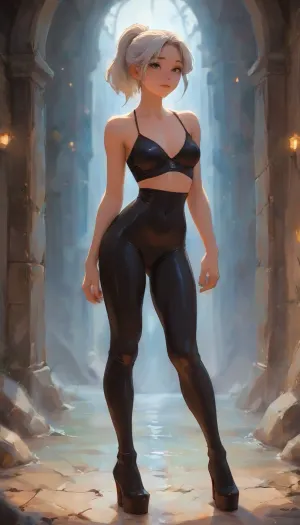 (skinny legs and abs), ((medium breasts)), ((white ponytail hair:1.4)), (sexy pose:1.5), ((extremely happy look in her eyes)), ((dim lights)), ((black latex bodysuit)), (black high-heels high platform boots), ((ruined make-up:1.4)), (athletic ass), 18yo girl, wide hips, high gap, big thigh gap, wide thigh gap, (athletic body), (narrow waist:1.4), ((hip gap)), happy, (oiled skin:1.4), erected nipples, wet clothes, score_9, score_8_up, score_7_up, score_6_up, (j_cartoon:1.4), Drawing, <lora:samdoesarts1.1-000030:.3>, <lora:J_cartoon:.4>, <lora:Animated_Concept:.3>