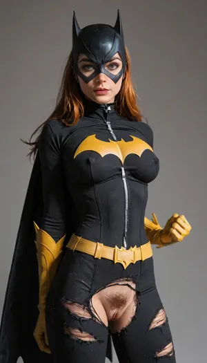(Batgirl:1.5), (DC comics), (large firm breasts), (fake tits), (perky tits), shaved pussy, pubic hair, (torn suit:1.2)