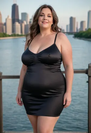 From behind, (masterpiece, best quality:1.2), very plus-size 1 gilf, (((ssbbw))), ((sagging bosom)), (Obese:1.4), (mature:1.5), 60yo milf, solo, (black spaghetti strap minidress, no bra, braless:1.4), pretty eyes, thick brown hair, bright blue eyes, grey in hair, in summer, golden hour, Chicago landscape, standing, smiling, photorealism, perfect face, portrait, clothes, fat bbw, body wrinkles, sagging belly, shapeless, saggy, (old big breasts, shapeless, drooping, hanging deep, heavy boobs, saggy old boobs, teardrop shaped breasts, covered erect nipples), medium breasts