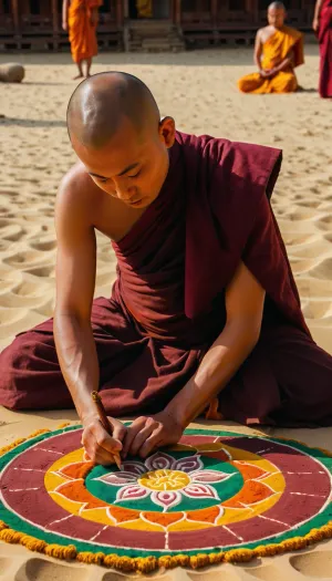 Buddhist monk drawing a mandala on sand, in Buddhist monastery, Buddhist ceremony, wisdom expression, mystic ambiance