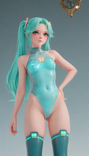 Hatsune Miku wearing a stylish two-piece swimsuit in a digital-celestial design. The top and bottom are adorned with shifting holographic patterns that mimic soundwaves and glitch-art motifs. She stands confidently on a glass-like platform above a neon-lit data ocean, with her iconic turquoise twin tails flowing dynamically, infused with particle effects resembling stardust and pixel sparks.

Art style, modern anime illustration with detailed fabric textures, iridescent highlights, and a blend of hand-drawn and digital-painting techniques. Soft cinematic lighting from below, creating an ethereal glow on her skin and suit. Background, minimalist cyberpunk sunset with floating geometric shapes and subtle UI elements.

Emphasis, fashion illustration vibe, futuristic swimwear concept, confident and cool expression, no exaggerated anatomy. Color scheme, electric blue, holographic silver, lavender, (and cyan accents. --ar 2:3), --style expressive, <lora:outline_xl_kohaku_delta_spv5x:1.1>, <lora:Ppolar-P3v1-NbVp10:.8>, <lora:cartoon_stickers_xl_v1:.6>, <lora:aesthetic_anime_v1s:2>, <lora:Hatsune_Miku_XL-10:.8>