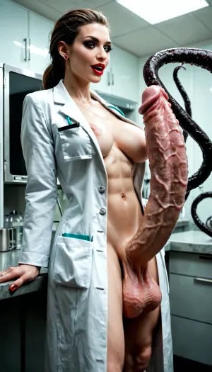 Horror movie setting. Futa doctor wearing only her lab coat. She’s in her lab at night. A giant cock monster is attacking her. The monster is a ball of writhing cock tentacles. The doctors cock is incredibly large. She’s terrified. Cock tentacles, giant cock, big tits, doctor, laboratory, futa cock, huge cock, cock tentacle monster