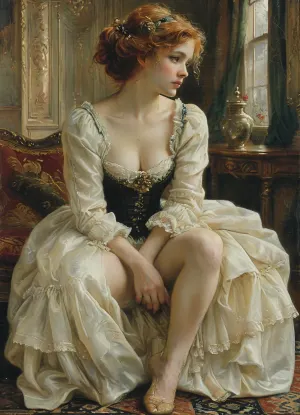 woman, 50 years old, (small body size:1.3), full body, Jean, Delville, style, of, Michael, Cheval, (squatting down:1.3), victorianstyle, <lora:tbh140-sdxl:.6>, <lora:tbh129-sdxl:.4>, <lora:victoriansxl_v1:.8>