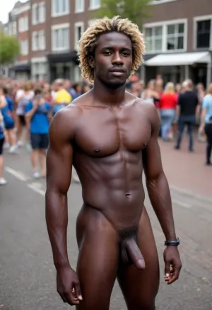 beautiful sexy, african man, short afro haitstyle, dark skin, (african man:1.5), black skin, (black skin:1.7), Gay erotic. Morning, Amsterdam parade, boys of non-traditional orientation, gays, bisexual crossdressers, full-length photography, Long blonde hair, penis, cock, <lora:xpenis-1.5e:.8>, <lora:pein:.8>