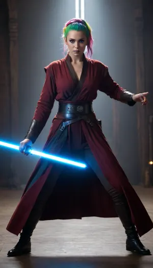 ((female Slavic actress, Jedi Knight, in Jedi Garb, elegant royal Jedi robes)), (((lightsaber, holding lightsaber with both hands, inviting stance, reviling only one nipple))), (rainbow hair, bright glowing eyes, gigantic breasts), full body, masterpiece, best quality 4k HDR high resolution realistic photograph, cinematic lighting, high emotional intensity, moody atmosphere, symbolic contrast of light and dark, epic sci-fi fantasy, sharp focus, dramatic, soft lighting, natural light, <lora:Detailed_female_hands-000001:2>