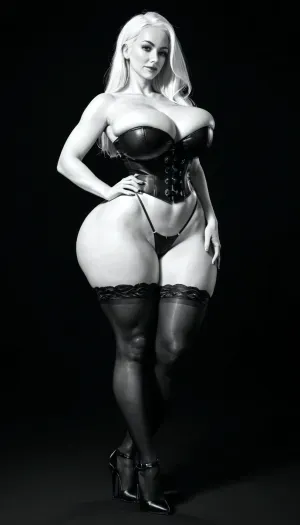 black room, black background, (black&white:1.9), white busty white woman, gorgeous, (milf:1.1), (extremely long smooth white hair:1.5), (wide_hips:1.5), (Massive ass:1.2), (massive breasts:1), thin waist, posing, black stockings, black high heels, black corset, black thong, black garterbelt with black straps, front view