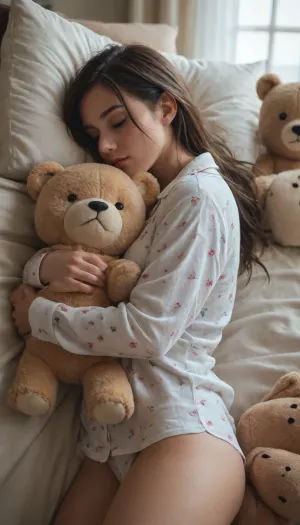 Girl in pajamas hugging a teddy bear, sleepy.