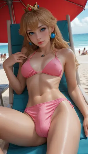 (masterpiece, best quality, highly detailed), high resolution, hires, score_9, score_8_up, score_7_up, score_6_up, ((futanari Princess Peach from Super Mario)), incase, style, ratatatat74, solo, close up futanari penis in tight pink bikini, cock bulge in bikini, (hourglass figure), pink bikini, tan skin, sweat, ((breasts)), eyes looking at viewer, smirk, laying on side, laying on beach chair, day, beach, <lora:ratatatat74-000050:1.3>, <lora:outline_xl_kohaku_delta_spv5x:.3>