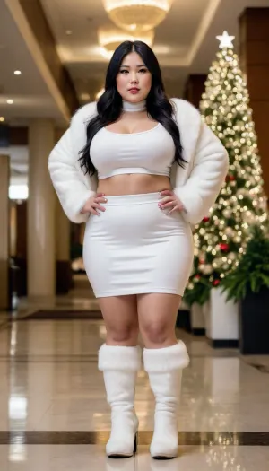 Glamorous high res picture of a chubby asian woman wearing large white furry boots, a tight white mini skirt, and a white crop top. She has very long black hair. She is standing in a luxury hotel lobby decorated for Christmas.