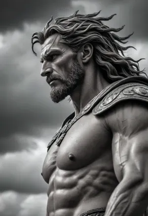 German Mythology Thundergod Donar, b/w, view from side