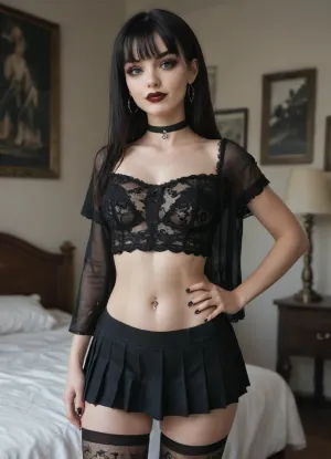 score_9, score_8_up, score_7_up, score_6_up, 1girl, gothic, goth, pale skin, (pale skin), blue eyes, (black hair), bangs hair, black eyeliner, black nail polish, (dark red lipstick), white skin, perfect skin, black choker, navel piercing, earrings, gothic bedroom, no tan lines, extreme snatched waist, slim hips, hour glass body, perfect ass, small ass, naked, long black pleated skirt, sheer black shirt over a black lace bustier, ripped fishnet stockings, one hand on hip, sexy smile, lip piercing