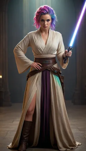 ((woman, Jedi Knight, in Jedi Garb, elegant royal Jedi robes)), (((lightsaber, holding lightsaber with both hands, fighting stance))), (rainbow hair, golden eyes, huge breasts), full body, masterpiece, best quality 4k HDR high resolution realistic photograph, cinematic lighting, high emotional intensity, moody atmosphere, symbolic contrast of light and dark, epic sci-fi fantasy, sharp focus, dramatic, soft lighting, natural light, <lora:Detailed_female_hands-000001:2>