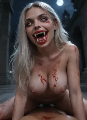 surreal dreamscape, dream, hell, outdoors, very tall stone cathedral, (score_9, score_8_up, score_7_up, masterpiece), ((vamparella:1.8)), (((Megan Fox))), no horns, ((white shiny eyes)), ((long sharp fangs, blood dripping from mouth to chin)), (brown_skin:1.6), (very long straight hair), on her hands and knees, (POV cowgirl sex position), ((leaning backward)), hands on ground, low angle, close-up from below, thick thighs, wide hips, hourglass figure, pawg, lusty, (huge perfect natural breasts), (huge tits:1.4), narrow waist, skindentation, nude, closeup, flirty, at night, night, midnight, darkness, shadows, overexposed, proud expression, VtmArt, girl, vampire, gothic, smile, scary, spooky, dark, (long_fangs:1.8), (blood_on_chin:1.5), (blood_on_breasts:1.9), <lora:Mistress_of_the_night-000016:1.2>, <lora:VtmArt:1.5>, <lora:Halloween_Series_Scary_Vampire-000009:1.6>