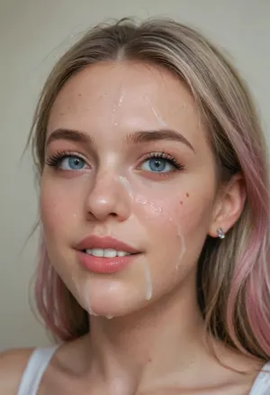 super close hot of bukkake, happy and smiling, cumshot, facial portrait picture of her face in cum facial, with natural minimal makeup, a lot of Cum on her face, cum on her eyelashes, Cum on her eyelids, Cum on her cheek skin, her face wet with Cum, Cum on her pink lips. cum on her hair, One of the ears dripping cum, woman, cum, on, face, <lora:JustCum:1.5>, <lora:add-detail-xl:.5>