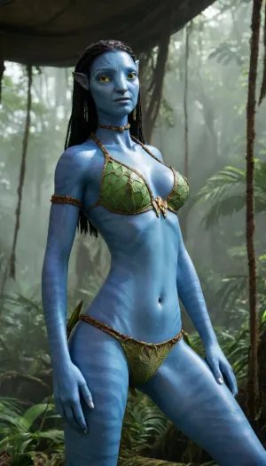 solo, 3/4 view, (Na'vi female from Avatar:1.6), tight large breasts, ((untrimmed wild bushy pubic hair)), ((sheer bra and panties)), (Jungle:1.6), Avatar, environment, Machinery, Na'vi, Neytiri, Tsireya, Ronal, <lora:Avatar v1.0:.8>