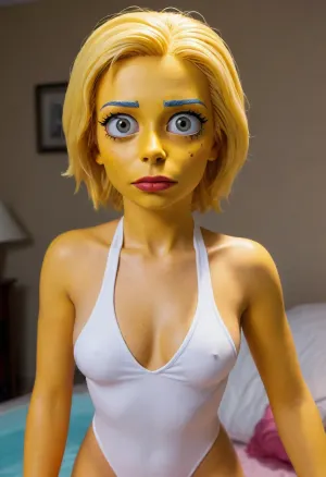 ((Cartoon, comix, painting)), (Lisa Simpson yellow skin), petite small body, (white swimsuit), Simpstyle, <lora:SDXL-Simpstyle-Lora-v2-r16:2>