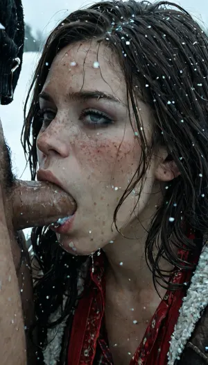 Perfect model of Abigail Marston from Red Dead Redemption II. Wearing her original pulled down clothes, no underwear. is forced into deepthroat, seen in profile, deepthroat. A strong man and moans penetrate her mouth, Forced sex. She looks at the viewer., ((Very Intense agonizing pain expression on her face)), Close-up of her face., (Forced sex), in the snow, Look at the viewer., <lora:dark:.1>