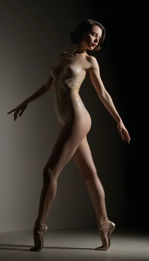 Full-body cinematic portrait, (highly detailed textural contrast between the dancer's smooth, alabaster skin and the matte void of the inky black studio background), a slender 30-year-old brunette woman with, (dramatically pronounced labial anatomy, casting subtle shadows under the stark studio lighting), posing in a, (fluid, Weimar-era Tanztheater gesture—one arched foot en pointe, the other knee bent with toes grazing the floor in a demi-plié), . Her short, razor-cut bob frames angular cheekbones, adorned with dangling jet-bead earrings and a single strand of onyx pearls resting above her sternum. The lighting is, (Fritz Lang-inspired chiaroscuro, a hard 45-degree key light sculpting her collarbones and thighs, with a diffused fill light softening the undercurve of her breasts and the inner thigh's topography), . She wears nothing but strapped heels—patent leather T-straps with a teetering 8cm heel—accentuating the tension in her calves. Shot on a medium format Hasselblad with an 85mm ƒ/2.8 lens, shallow depth-of-field isolating her pubic mound's cleft in forensic sharpness against the defocused torso. Artistic references, Otto Dix's Neue Sachlichkeit portraiture meets Leni Riefenstahl's motion studies, with a touch of Robert Mapplethorpe's clinical eroticism.