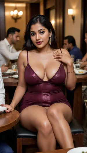 25 years old young beautiful urban shy indian bengali woman perfect curvy figure, enormous boobs, sweating wet oily glistening body, dark lipstick, wearing a slutty micro mini very short length spaghetti strap deep plunged nylon seethrough skintight tiny cotton night dress, with her gentleman male handsome husband sitting around a table in a crowded luxury restaurant with her husband's hand properly, show her husband sitting around the table