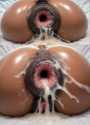 sexy thick milf woman, hyper human ass, (no tail:2), (one detailed dark puffy swollen ruined used gaping plump equine protruding female anus:1.6), (wet glossy lubed dark sphincter:1.5), (excessive anus cum creampie nasty farting blast mess:1.5), runined pornstar makeup, (close-up photo), (view of face and anus only), (rimming), (comically hyper puffy swollen vulva:1.3), licking sphincter eating ass creampie
