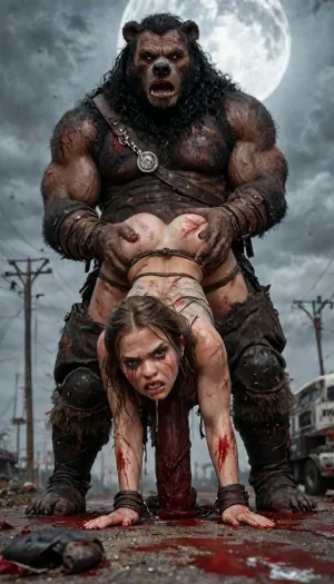 by Luis Royo, 4k, 8k, best quality, masterpiece, ultra highres, extremely detailed, absurdres, HDR, . award-winning, professional, highly detailed, Medium shot Photo of the grinch. It's a cinematic live action photography with cinematic and soft lighting. The photo was shot on a DSLR, Canon EOS D5 IV, large pointy breasts, (small nipples), (angry:1.7), (mascara tears), (wide eyes:1.2), ripped clothes, amazon, giant, fur barbarian armor, bloody, blood spatter, bear, bear heart, (in a bloody filed after a battle, white full moon in the sky:1.4), ((analrape spitroast)), ((large cock in mouth:1.12)), (cum explosion from mouth:1.125), shocked, deep anal penetration, (man is choking her from behind:1.2), cinematic_lighting, blush, ((gangbang_rape, doubleanal_rape, arms_behind_head, nsfw:1.24)), ((hogtied, bound with large chains, tied to a torture van:1.3)), (wide mouth spreader:1.24), (Torture, defiling, sadism:1.18), cock in mouth, (brutal face fuck), Blowjob, (tears in eyes:1.5), (running makeup), (cum drips from nose:1.3), ultra hd, photorealistic, hyper gigantic large black cock in mouth, (((hyper gigantic large black cock in mouth:1.12))), oral cream pie, hair grab, sad, sad crying, tongue out, gasping for air, gangbang, double anal penetration, anal spitroast, groupsex, deepthroat, (4 gigantic African black brute thug, huge trunklike arms, huge head, hyper muscular body, dressed in slave clothes:1.32), ((hogtied, bound for sex, tied up)), (eyes wide open in horror:1.72), (wide mouth spreader:1.8), (pleading expression:1.56), (terrified:1.48), (crying:1.48), (fear and panic:1.56), (hands pulling nipples hyper hard:1.12), nipple clamps, Uber realistic, ultra detailed, arched back, detailxl, 35mm photograph, film, 1girl, 5 boys, hdr, photographic, ultra realistic, ultra high details, back light, gargantuan black cocks, anal sex expansion, large hyper muscular fat old men, (double anal sex), swollen white veiny cocks, (double anal penetration), hardcore double penetration, proper physics, big white cocks, muscular white double anal gangbang, (forceful penetrations), extremely graphic, shocked expression, beautiful hands, Realism_Quality_2xx_By_Stable_Yogi, score_9, score_8_up, score_7_up, (((very pretty face:1.3))), (((extremely ultra detailed face:1.3))), perfect fingers and hands, (very low view angle, side view:11), (extreme size difference:1.12), 4k extremely graphic, high detail, porn photoshoot, (eyes wide open in horror:1.44), (wide mouth spreader:1.5), (terrified:1.44), (crying:1.85), UHD 8K, (full body photograph:1.1), (whip marks:1.44), (whipped tits:1.44), professional photograph shot on kodak, 35mm photo, sharp focus, high budget, cinemascope, 100 mm lens, 1/250 s, f/2.8, ISO 300, <lora:LCMTurboMix_Euler_A_fix:2>, <lora:JuggerCineXL2:2>, <lora:detailed_notrigger:2>, <lora:photorealistic_portrait_notrigger:2>